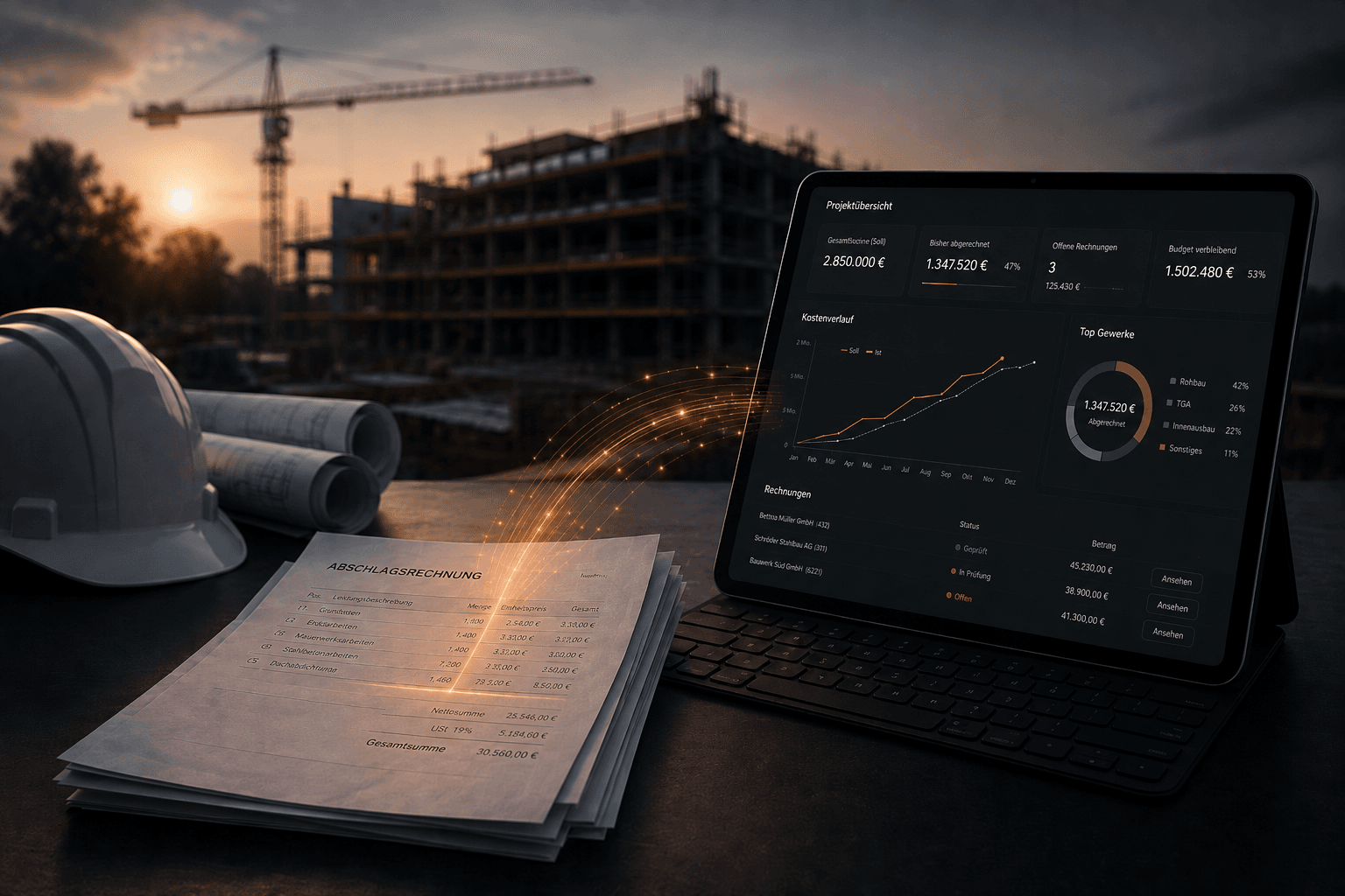 Rechnung auf der Baustelle und digitale Projektübersicht auf einem Tablet